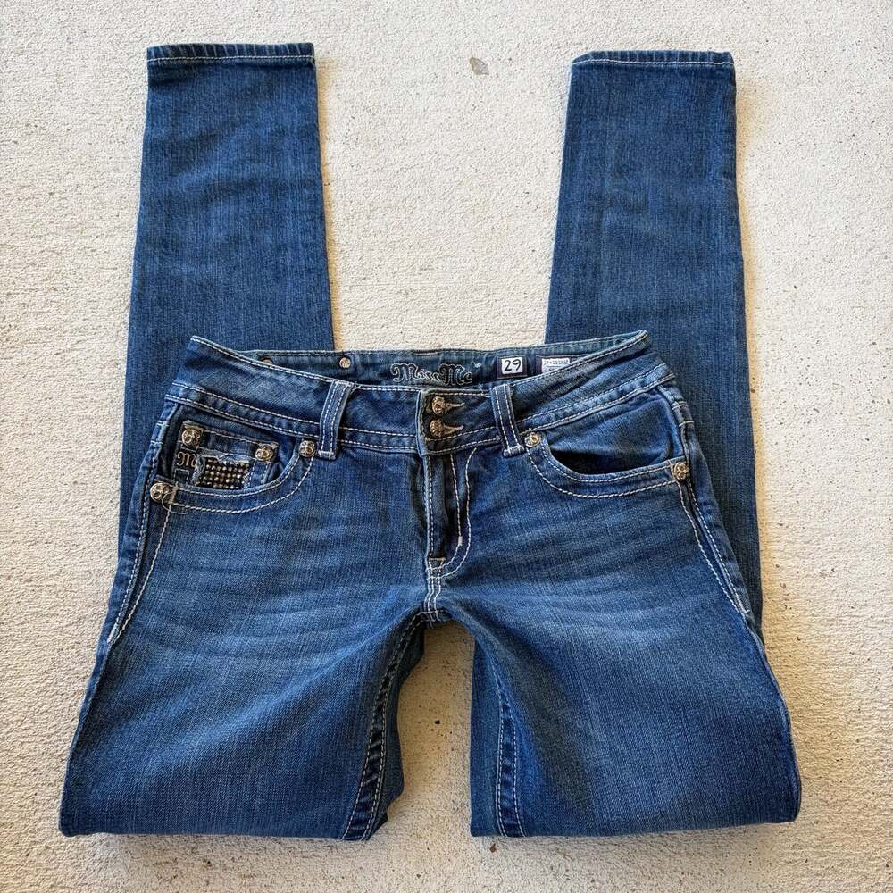 Miss Me LowRise Women's Dark Wash Denim Skinny Jeans Size 29 Embellished Y2K